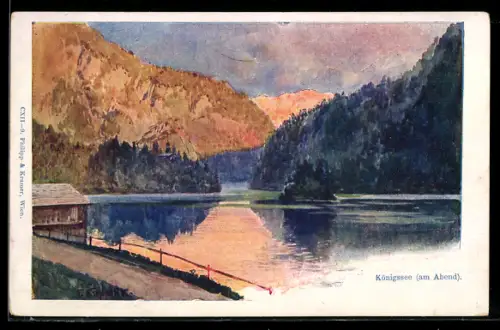 Künstler-AK Königssee, Abendstimmung am Ufer des Sees