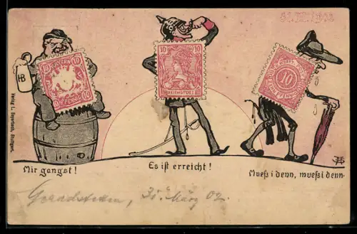 AK Briefmarken, Mir gangst! Es ist erreicht! Muss i denn, muss i denn!