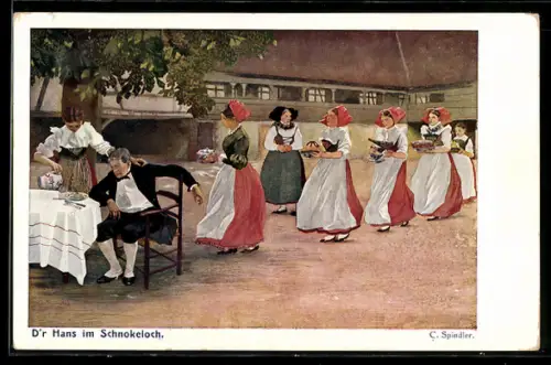 Künstler-AK sign. C. Spindler: junge Mädchen in Tracht bedienen einen Mann am Tisch