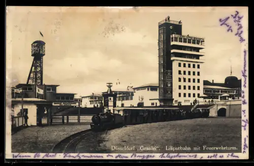 AK Düsseldorf, Gesolei, Liliputbahn mit Feuerwehrturm