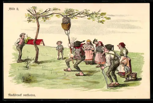 Künstler-AK Bauern versuchen einen Bienenschwarm einzufangen