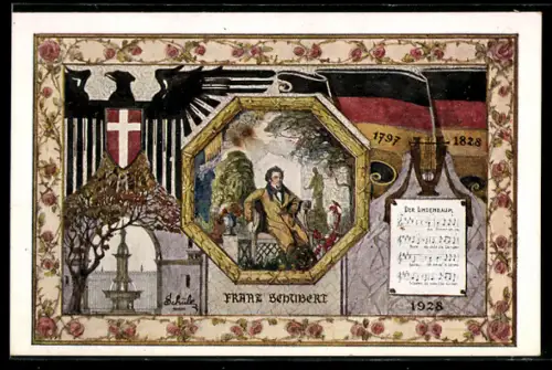 Künstler-AK Wien, Franz Schubert und Der Lindenbaum, Festkarte des 10. Deutschen Sängerbundesfestes 1928