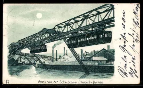 Lithographie Elberfeld-Barmen, Schwebebahn passiert eine Fabrik