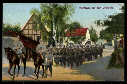 AK Infanterie auf dem Marsche durch ein Dorf