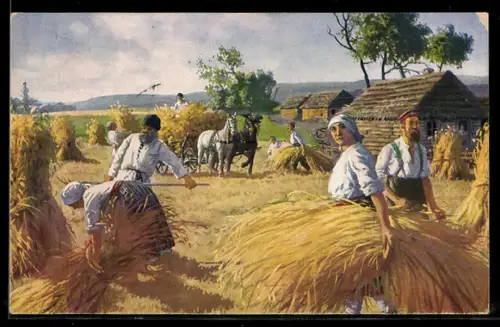 AK Soldaten und Bauern bei der Heuernte in Feindesland