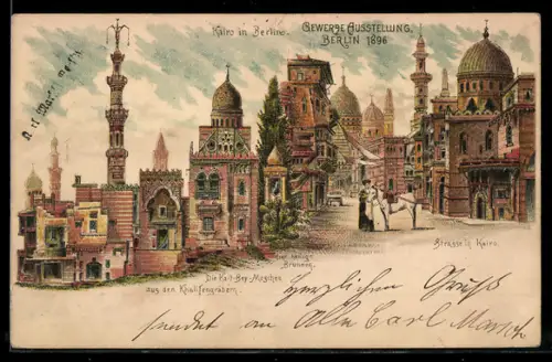 Lithographie Berlin, Gewerbe Ausstellung 1896, Kairo in Berlin, Aus den Khalifengräbern, Die Kait-Bey-Moschee