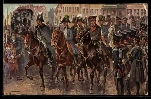Künstler-AK Leipzig, Einzug der verbündeten Monarchen Alexander I., Friedrich Wilhelm III. und Franz. 1813