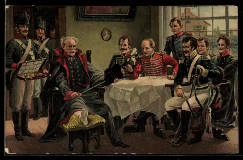 AK Befreiungskriege, Blücher empfängt bei Genappe Orden, Hut u. Degen Napoleons, 1815