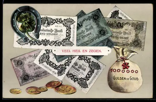 AK Sack voller Geld, niederländische Banknoten und Münzen, Kleeblatt mit Hufeisen