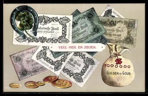AK Sack voller Geld, niederländische Banknoten und Münzen, Kleeblatt mit Hufeisen