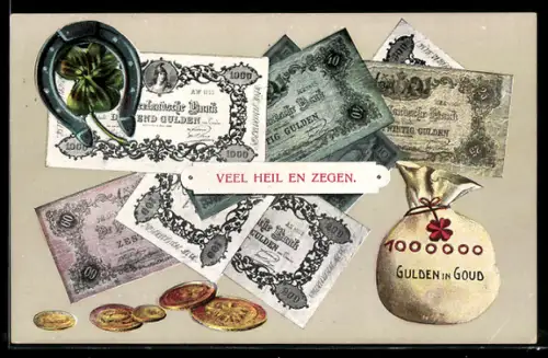 AK Sack voller Geld, niederländische Banknoten und Münzen, Kleeblatt mit Hufeisen