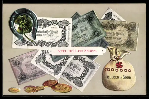 AK niederländische Geldscheine u. Geldstücke, Gulden, Geldsack, Hufeisen, Kleeblatt