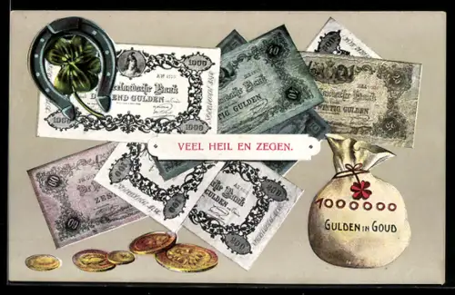 AK Geldsack mit Gulden, Geldnoten, Hufeisen und Glücksklee