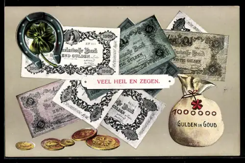 AK Sack voller Geld, niederländische Banknoten und Münzen, Kleeblatt mit Hufeisen