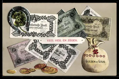 AK niederländische Geldscheine u. Geldstücke, Gulden, Geldsack, Hufeisen, Kleeblatt