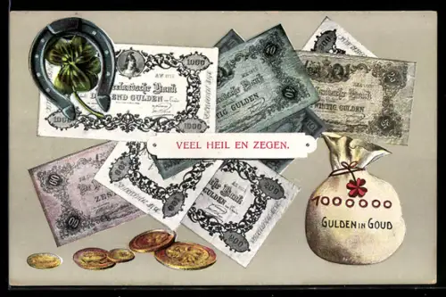 AK Sack voller Geld, niederländische Banknoten und Münzen, Kleeblatt mit Hufeisen
