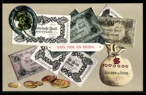 AK Sack voller Geld, niederländische Banknoten und Münzen, Kleeblatt mit Hufeisen