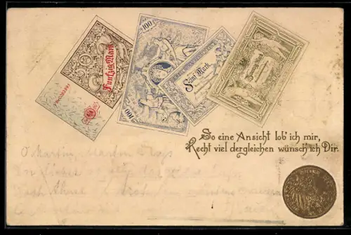 Lithographie Geldscheine mit einer Präge-Münze, Glückwunschkarte