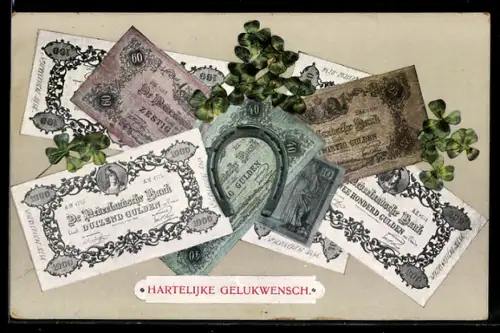 AK Niederländische Banknoten, Geldscheine mit Hufeisen und Kleeblättern