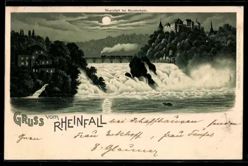 Mondschein-Lithographie Rheinfall, Rheinfall bei Vollmond
