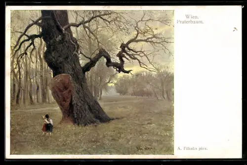Künstler-AK Brüder Kohn (B.K.W.I) Nr. 899/5: Wien, Zwei Kinder am Praterbaum
