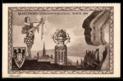 Künstler-AK Wien, 10. Deutsches Sängerbundesfest 1928, Musiker mit Saiteninstrument vor Stadtpanorama, Wappen