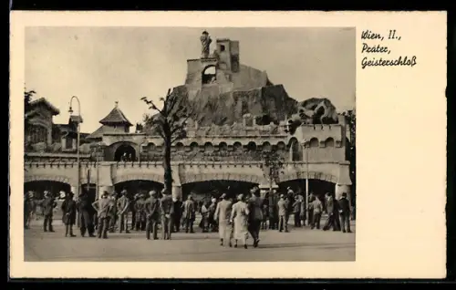 AK Wien, Prater, Geisterschloss, Besucher, Panorama