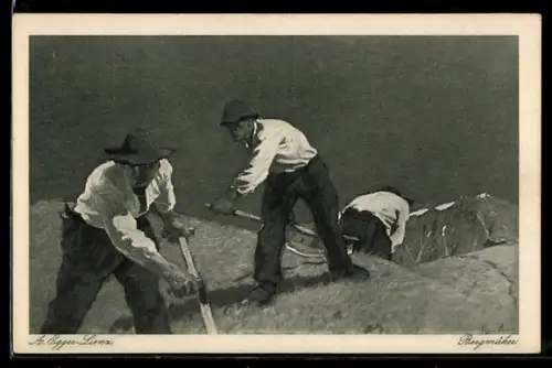 Künstler-AK Albin Egger-Lienz: Bergmäher, Schnitter mit Sensen bei der Feldarbeit