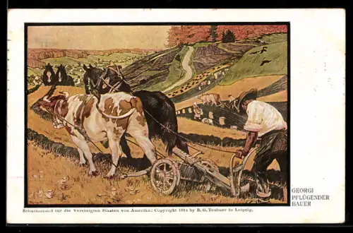 Künstler-AK Walter Georgi: Pflügender Bauer, Pflug gezogen von Pferd und Ochse