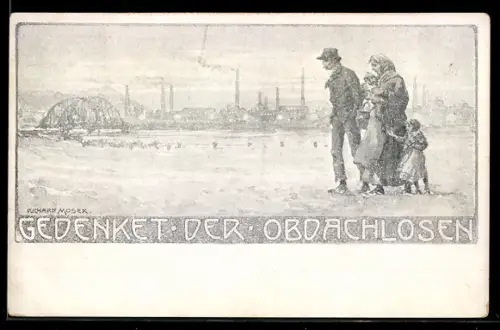 Künstler-AK Richard Moser: Familie auf dem Weg in die Stadt, Gedenkt der Obdachlosen