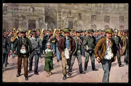 Künstler-AK Karl Feiertag: Wien, Strassenleben mit Militär-Musikkapelle