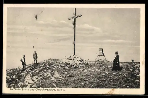 AK Oetscher, Oetscherkreuz und Oetscherspitze mit Besuchern