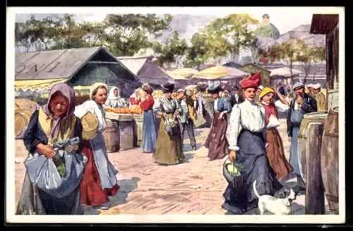 Künstler-AK Karl Feiertag: Wiener Lben, Markttag auf dem Naschmarkt