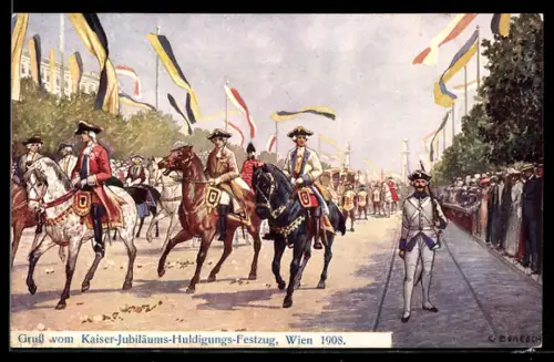 AK Wien, Kaiserhuldigungs-Festzug zum 60. Regierungs-Jubiläum, 1908, Reiter und Flaggen