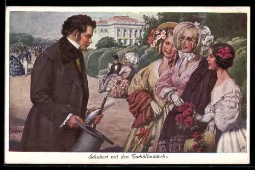 Künstler-AK H. Schubert: Franz Schubert mit den Tschöllmäderln im Park