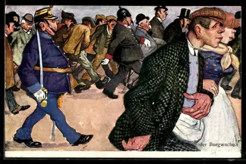 Künstler-AK Carl Josef: Wien, Aufzug der Burgwache, Schaulustige und Wachmänner, zusammensetzbare Karte aus 6 Teilen