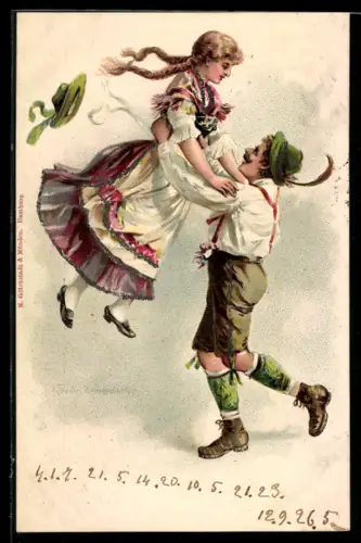 Lithographie Paar in Trachten beim Volkstanz