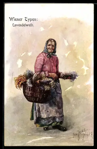 Künstler-AK Wien, Lavendelweib mit Korb in Tracht