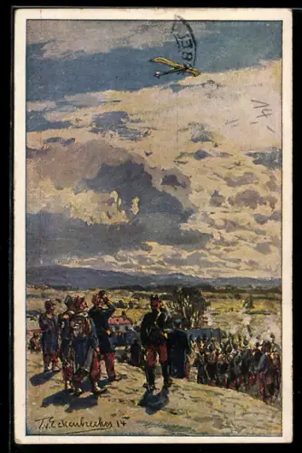 Künstler-AK Themistokles von Eckenbrecher: Soldaten schiessen auf ein Flugzeug