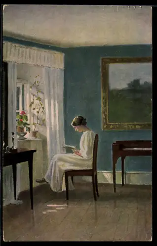 Künstler-AK C. Holsöe: Frühlingsmorgen, Frau liest am Fenster ein Buch