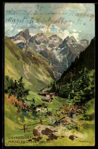 Künstler-AK Karl Heinisch: Oberstdorf, Teilansicht mit Mädelergabel
