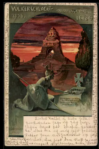 AK Leipzig, Völkerschlachtdenkmal 1813, Germania legt Lorbeerkranz an einem Grab nieder