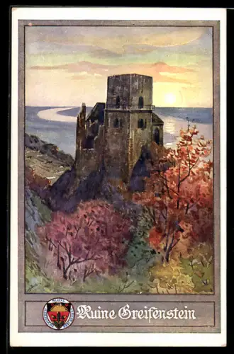 Künstler-AK Greifenstein, Burgruine an einem milden Herbstabend, Deutscher Schulverein