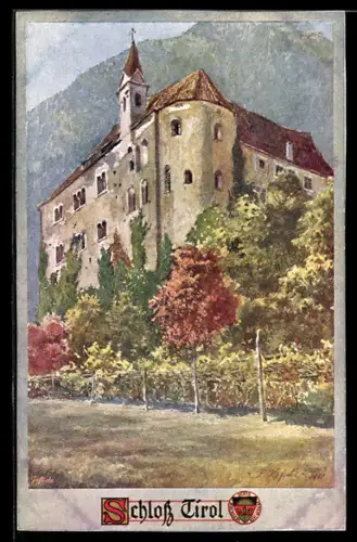 Künstler-AK E.F. Hofecker: Schloss Tirol, Ansicht mit Bergpanorama, Deutscher Schulverein
