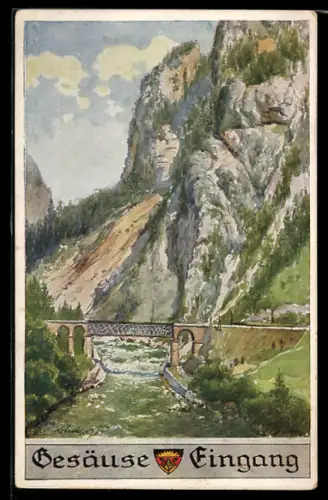 Künstler-AK E.F. Hofecker: Gesäuse, Eingang, Deutscher Schulverein