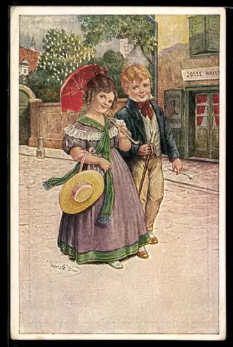 Künstler-AK Kränzle: kleines Liebespaar im 19. Jahrhundert