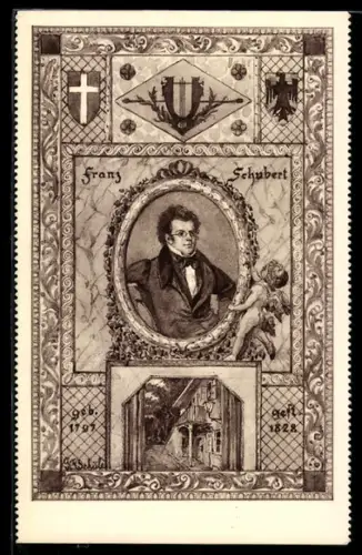 AK Portrait des Komponisten Franz Schubert, Geburtshaus, Wappen, Engel