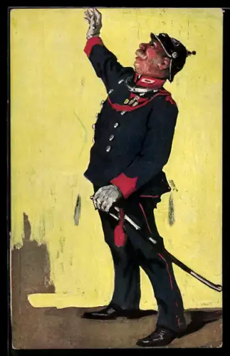 AK Polizist in Uniform mit Degen winkt