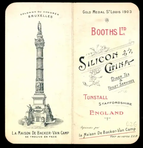 Vertreterkarte Bruxelles, Booths Ltd, Maison De Backer-Van Camp, Rue Royale 73, Colonne du Congrés