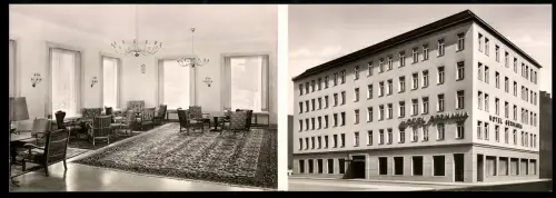 Vertreterkarte München, Familie Heinrich Reichert, Hotel Germania, Aussen- und Innenansicht des Hotels